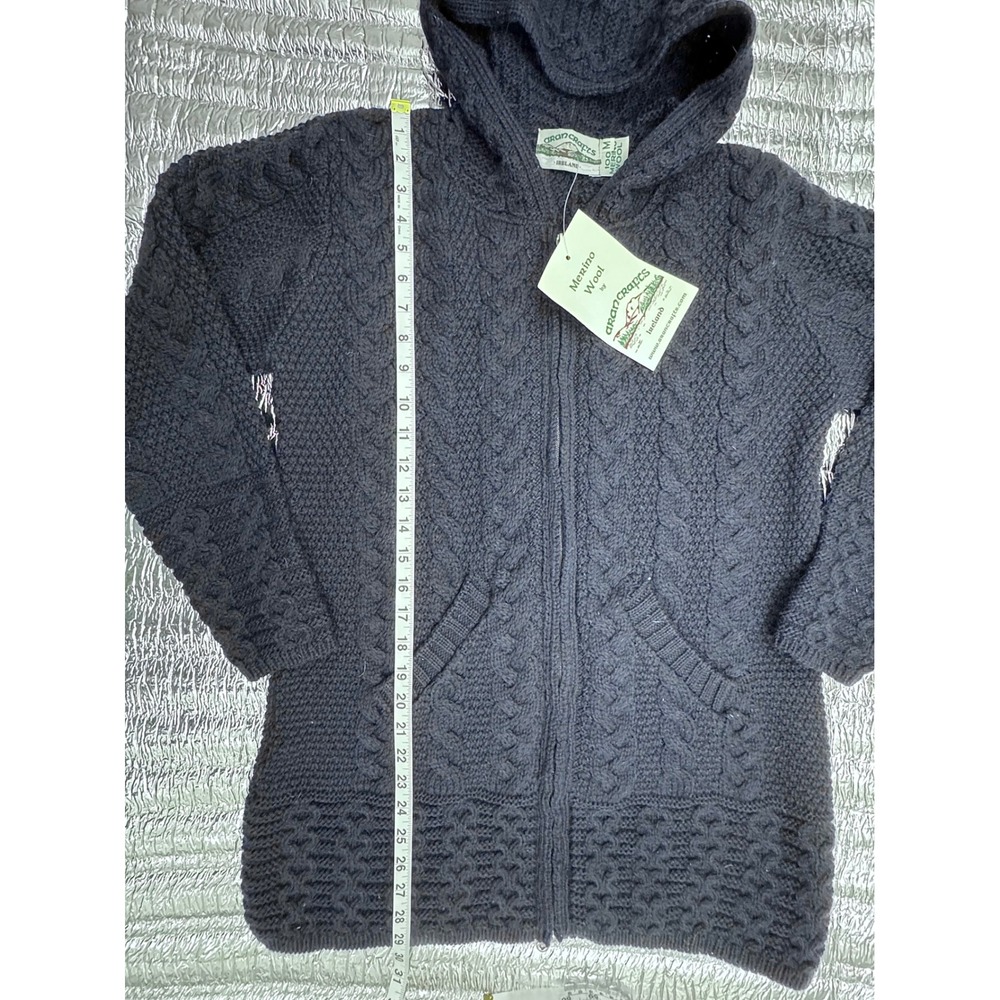 Aran Crafts Ireland Merino Wool Cable Knit Hooded Zip Cardigan Navy Blue Medium - Picture 4 of 7